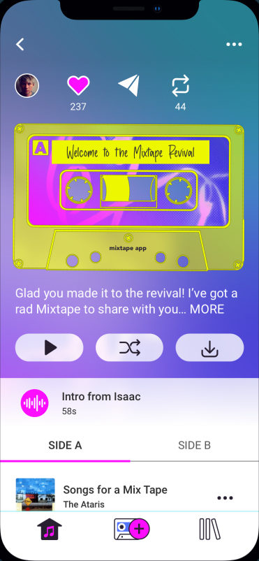 A Mixtape in the app: cassette artwork, Isaac's voice intro and the tracklist.